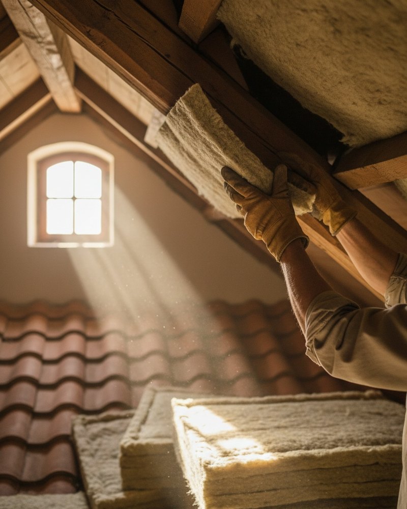 Artisan posant de l'isolation dans les combles d'un logement ancien