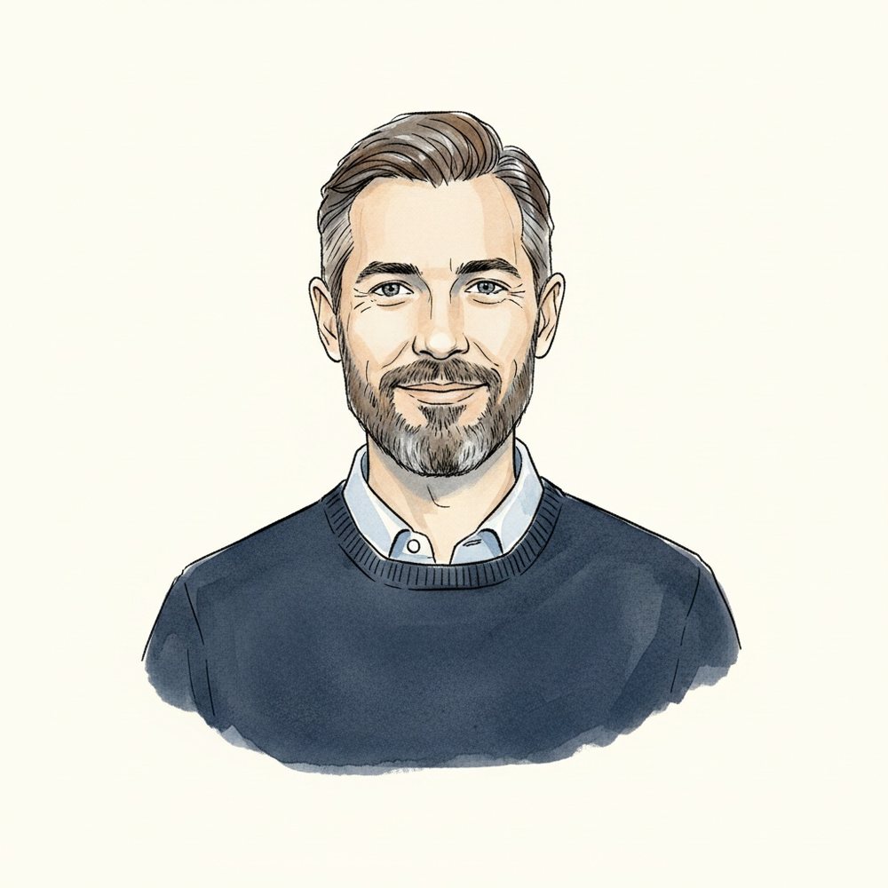 Portrait de Bastien Ferreira, rédacteur en chef, dessiné à l'encre et à l'aquarelle